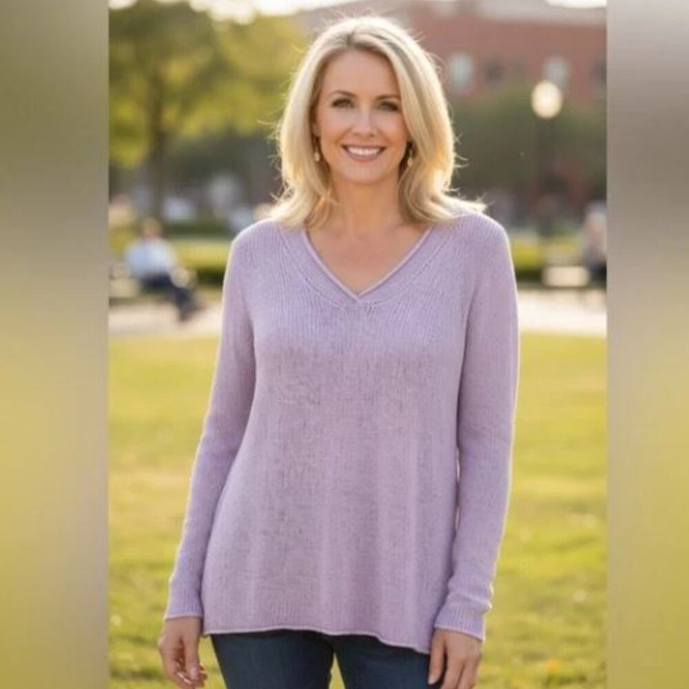 Eileen Fisher Lavender Linen Blend V-Neck Lightweight Sweater Italian Yarn  XL